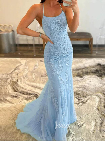 Hot Pink Lace Mermaid Prom Dresses Spaghetti Strap Evening Dress FD1250-prom dresses 2025 -Viniodress-Hot Pink-Custom Size-