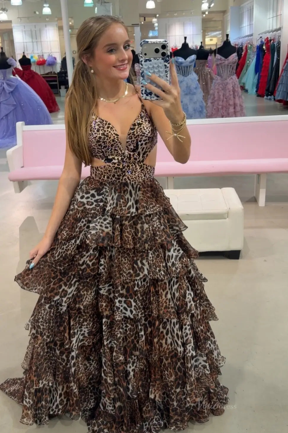 Hot Pink Leopard Print Prom Dress with Deep V, Side Cutouts, Ruffle Train & High Slit – RF104-prom dresses 2026-Viniodress-Brown-Custom Size – Add Measurements in Cart-