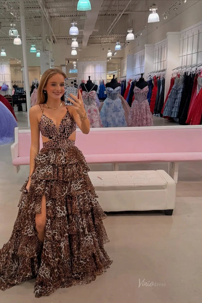 Hot Pink Leopard Print Prom Dress with Deep V, Side Cutouts, Ruffle Train & High Slit – RF104-prom dresses 2026-Viniodress-Hot Pink-Custom Size – Add Measurements in Cart-