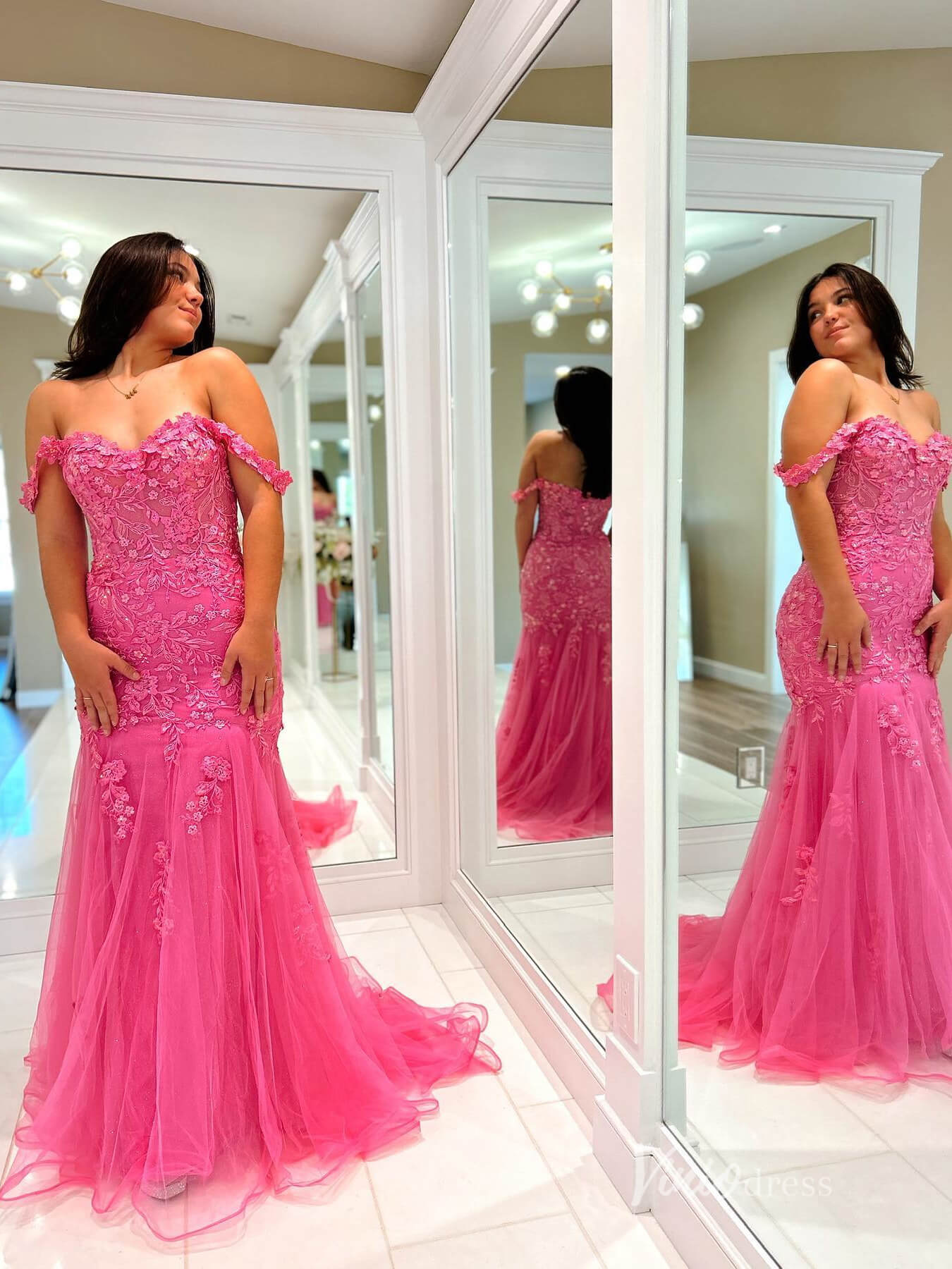 Hot Pink Mermaid Lace Prom Dresses Off the Shoulder FD3659-prom dresses 2025 -Viniodress-Hot Pink-Custom Size-