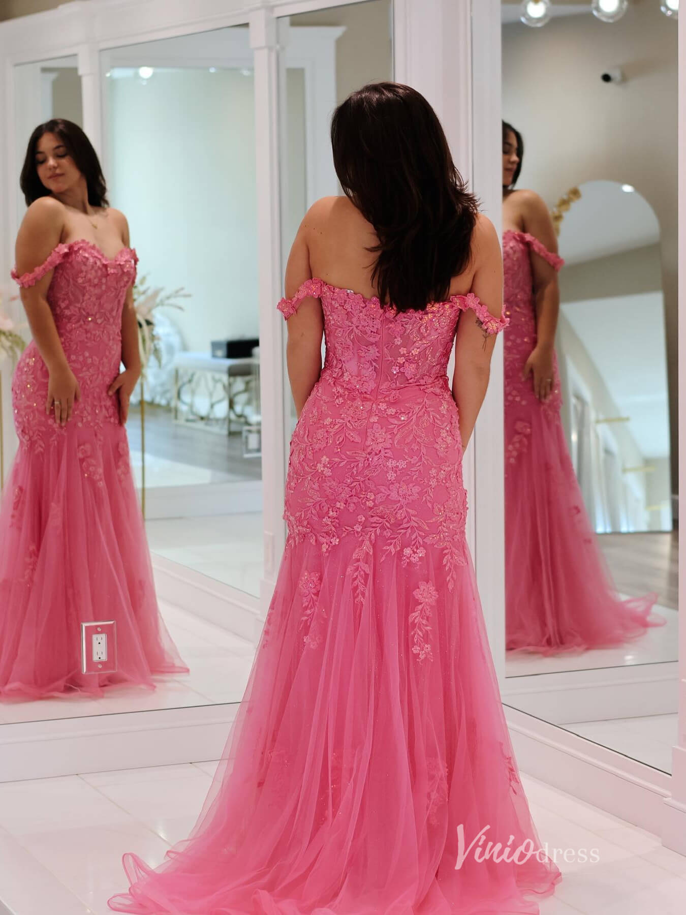 Hot Pink Mermaid Lace Prom Dresses Off the Shoulder FD3659-prom dresses 2025 -Viniodress-Hot Pink-Custom Size-