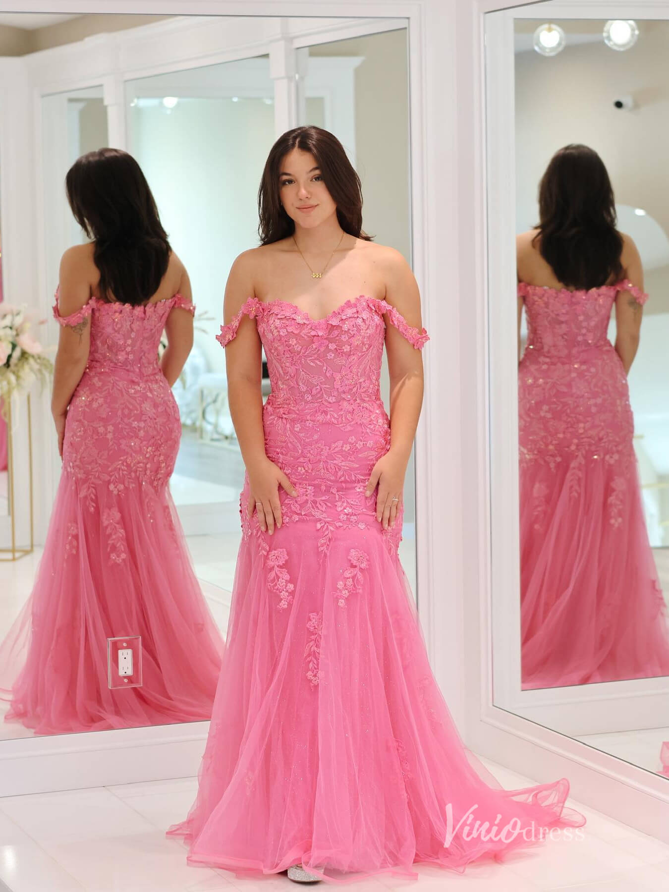 Hot Pink Mermaid Lace Prom Dresses Off the Shoulder FD3659-prom dresses 2025 -Viniodress-Hot Pink-Custom Size-
