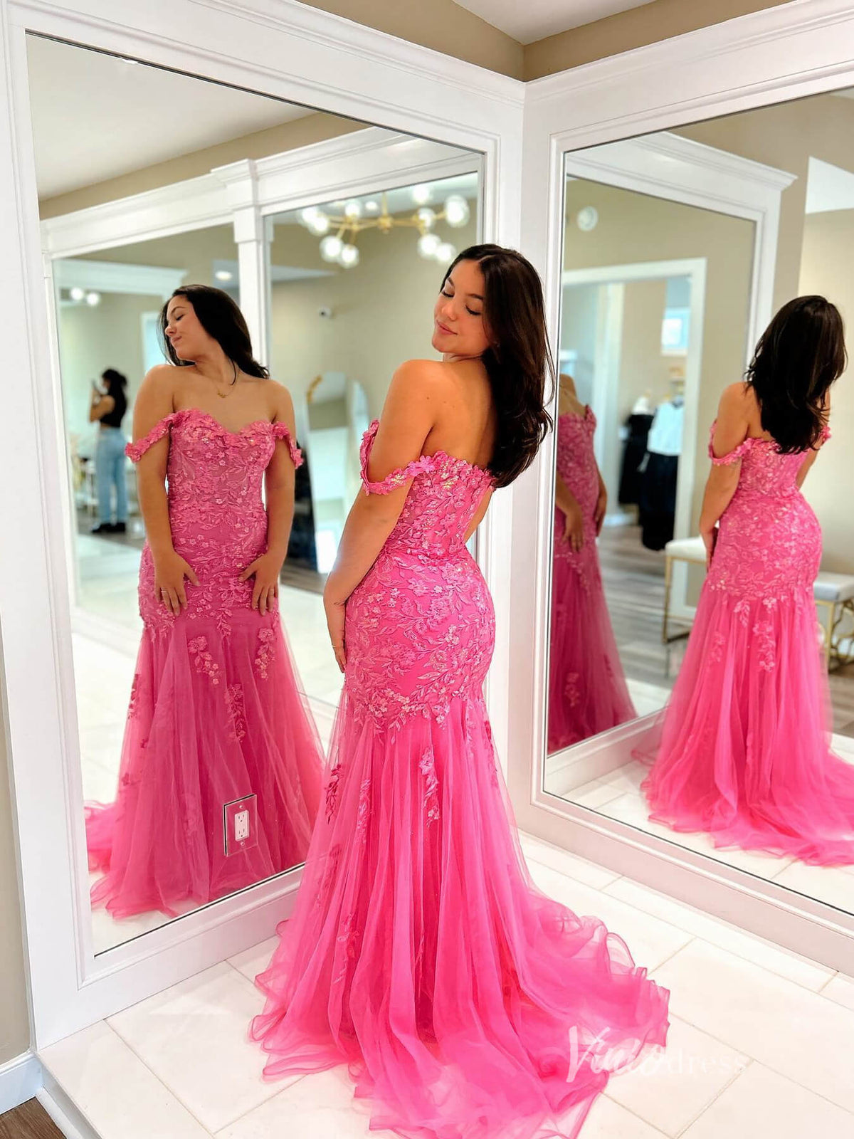 Hot Pink Mermaid Lace Prom Dresses Off the Shoulder FD3659-prom dresses-Viniodress-Hot Pink-Custom Size-Viniodress