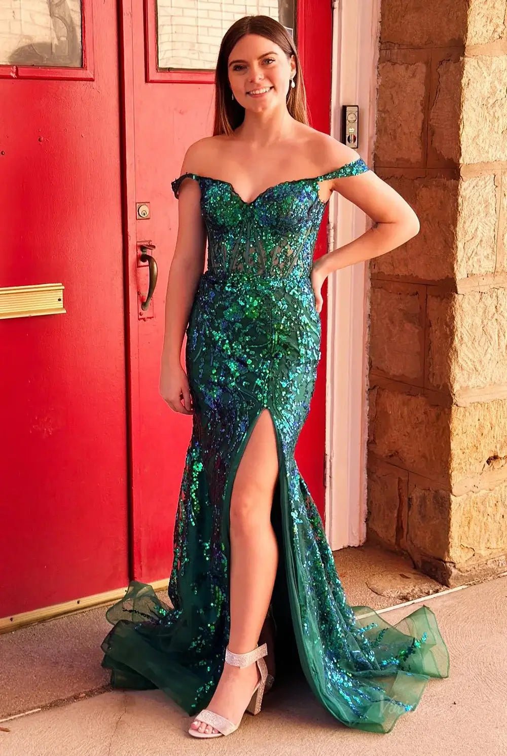 Hot Pink Mermaid Prom Dress 2025 with Sparkly Lace & Slit, Off the Shoulder – FD5005-prom dresses 2025 -Viniodress-Green-Custom Size-