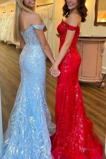 Hot Pink Mermaid Prom Dress 2025 with Sparkly Lace & Slit, Off the Shoulder – FD5005-prom dresses 2025 -Viniodress-Hot Pink-Custom Size-