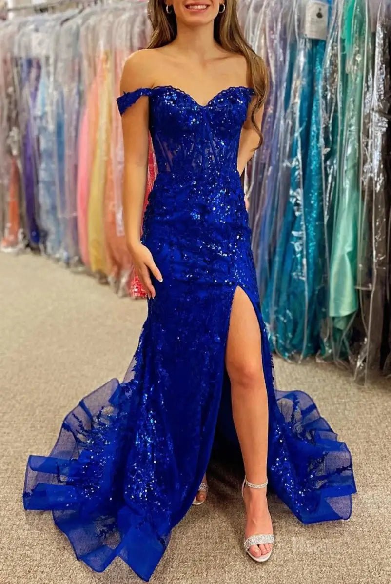 Hot Pink Mermaid Prom Dress 2025 with Sparkly Lace & Slit, Off the Shoulder – FD5005-prom dresses 2025 -Viniodress-Royal Blue-Custom Size-