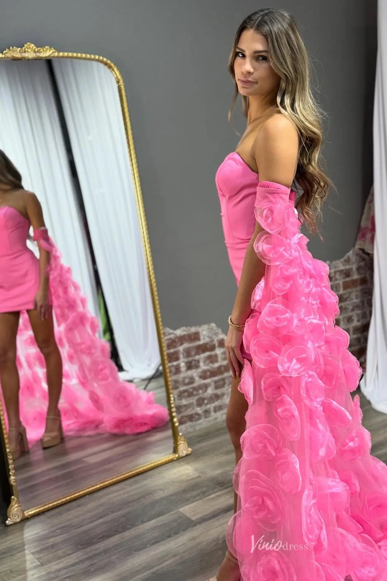 Hot Pink Mini Prom Dress with 3D Floral Organza Train, Strapless Bodycon Party Dress RF126-prom dresses 2026-Viniodress-Hot Pink-Custom Size-