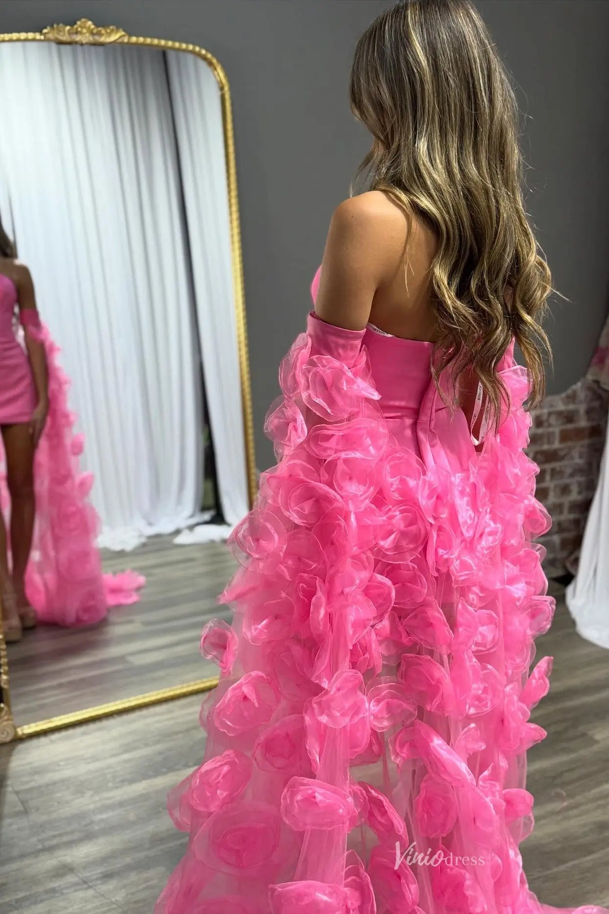 Hot Pink Mini Prom Dress with 3D Floral Organza Train, Strapless Bodyc –  Viniodress