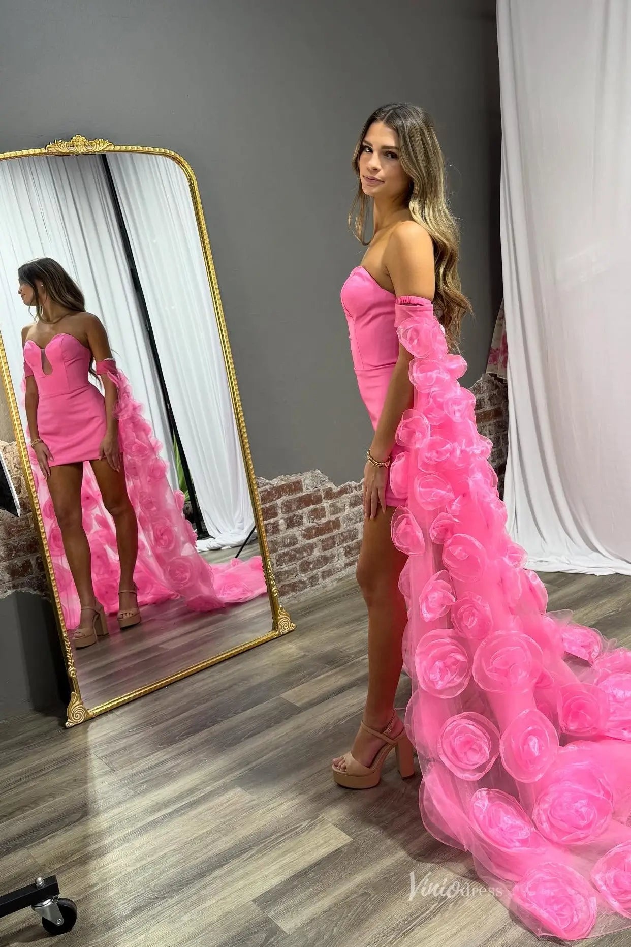 Hot Pink Mini Prom Dress with 3D Floral Organza Train, Strapless Bodyc –  Viniodress