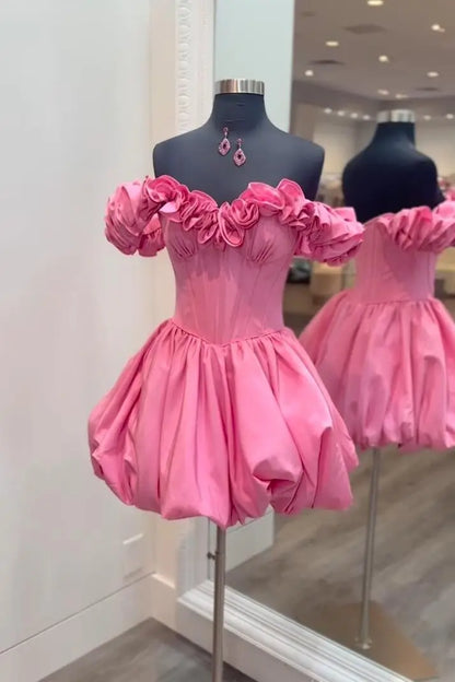 Hot Pink Off-the-Shoulder Homecoming Dress with Rosette Ruffle Neckline & Bubble Hem Skirt – HS007-Homecoming Dresses 2026-Viniodress-Hot Pink-Custom Size-