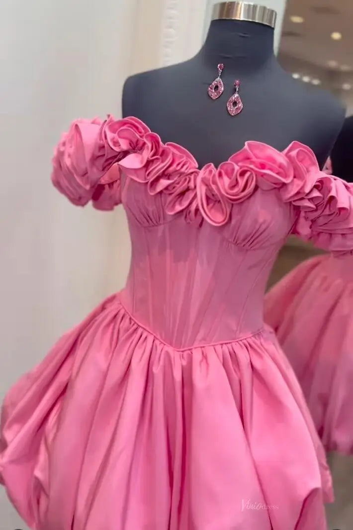 Hot Pink Off-the-Shoulder Homecoming Dress with Rosette Ruffle Neckline & Bubble Hem Skirt – HS007-Homecoming Dresses 2026-Viniodress-Hot Pink-Custom Size-
