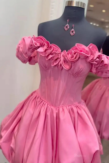 Hot Pink Off-the-Shoulder Homecoming Dress with Rosette Ruffle Neckline & Bubble Hem Skirt – HS007-Homecoming Dresses 2026-Viniodress-Hot Pink-Custom Size-