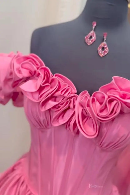 Hot Pink Off-the-Shoulder Homecoming Dress with Rosette Ruffle Neckline & Bubble Hem Skirt – HS007-Homecoming Dresses 2026-Viniodress-Hot Pink-Custom Size-