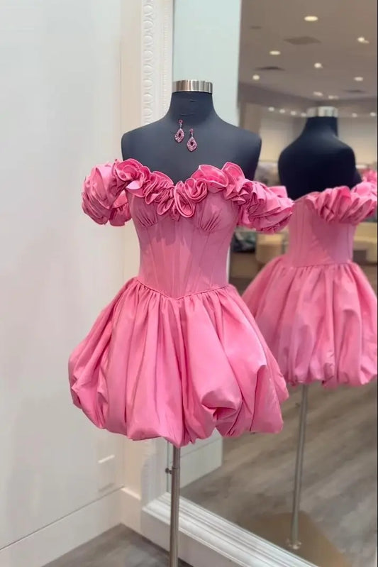 Hot Pink Off-the-Shoulder Homecoming Dress with Rosette Ruffle Neckline & Bubble Hem Skirt – HS007-Homecoming Dresses 2026-Viniodress-Hot Pink-Custom Size-