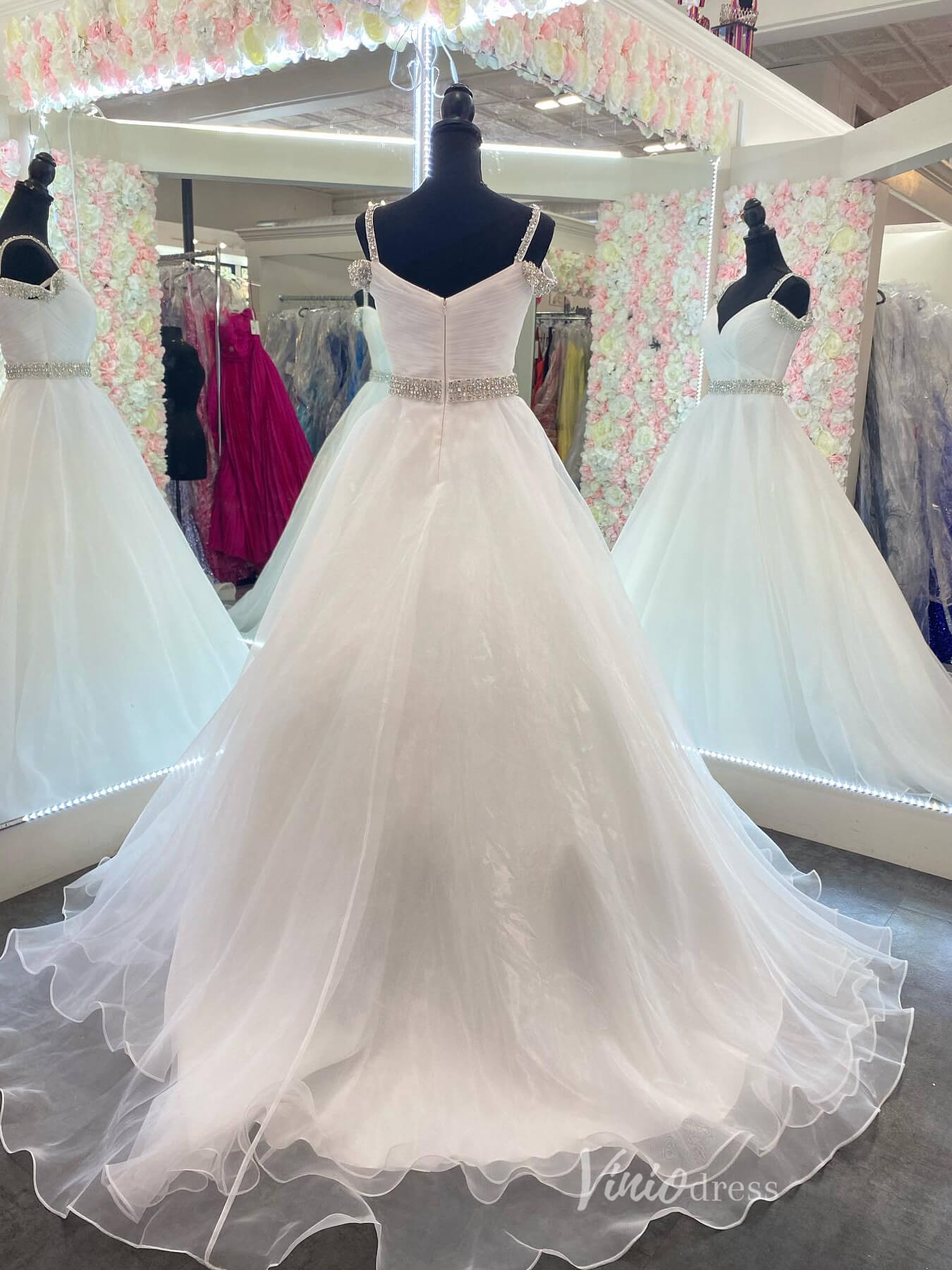 Hot Pink Organza Off the Shoulder Prom Dresses Pleated Bodice Beaded Belt FD4076-prom dresses 2025 -Viniodress-Hot Pink-Custom Size-