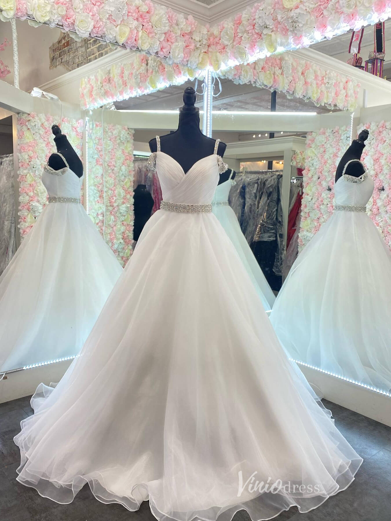 Hot Pink Organza Off the Shoulder Prom Dresses Pleated Bodice Beaded Belt FD4076-prom dresses 2025 -Viniodress-Ivory-Custom Size-