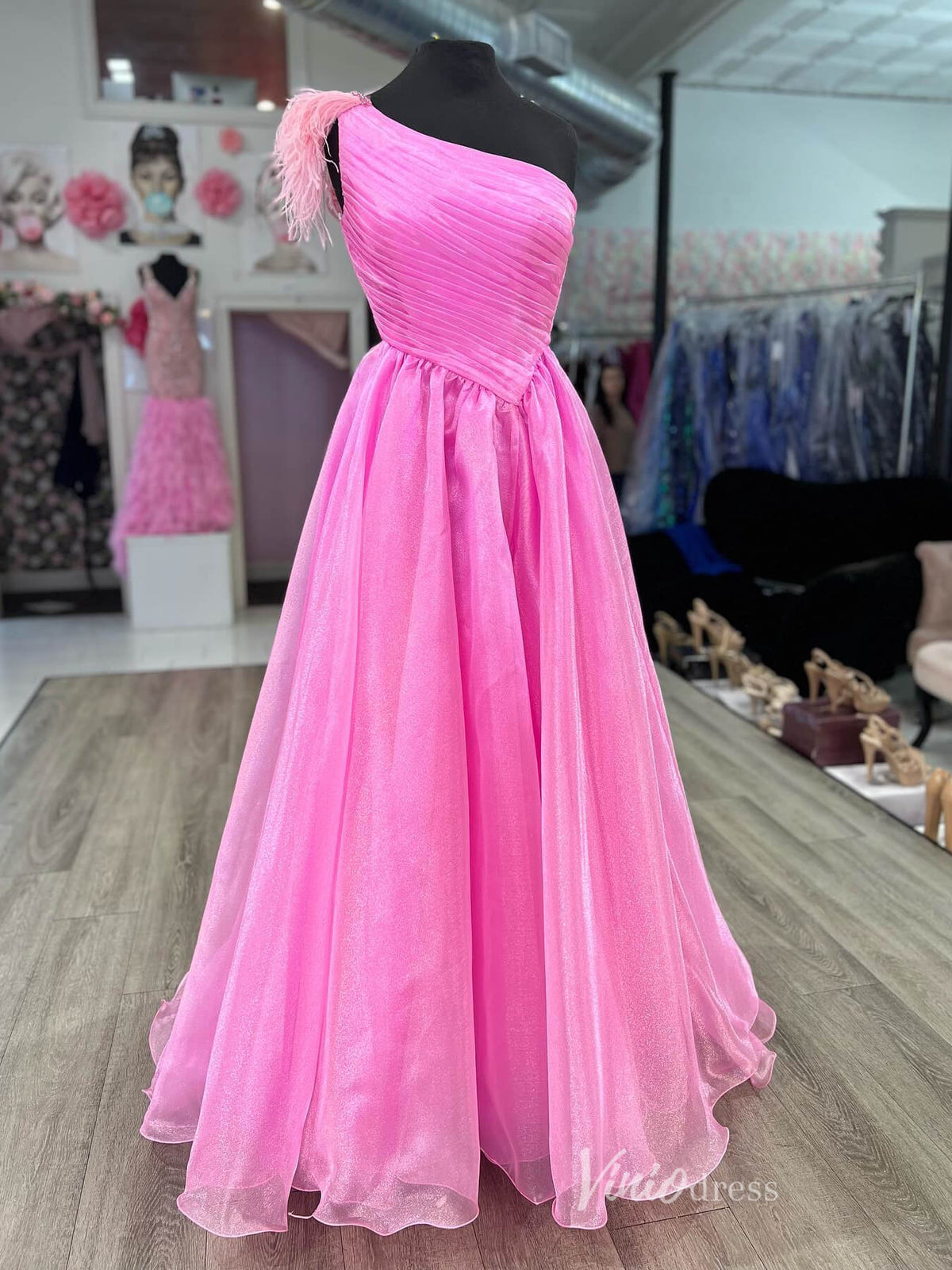 Hot Pink Organza Prom Dresses One Shoulder Pleated Bodice FD4020-prom dresses-Viniodress-Hot Pink-Custom Size-Viniodress