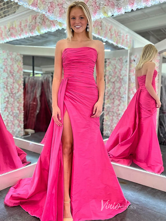 Hot Pink Pleated Satin Prom Dresses with Slit Mermaid Strapless Formal Gown FD2685-prom dresses 2025 -Viniodress-Hot Pink-Custom Size-