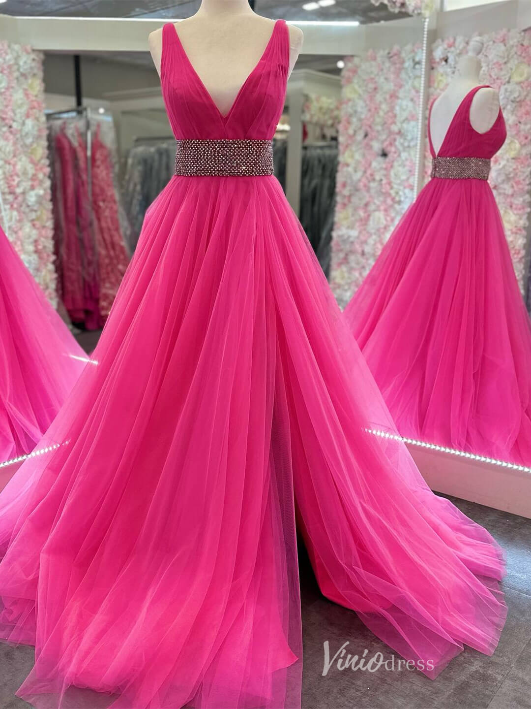 Hot Pink Pleated Tulle Beaded Waist Prom Dresses with Slit Plunging V-Neck Open Back FD4087-prom dresses-Viniodress-Hot Pink-Custom Size-Viniodress