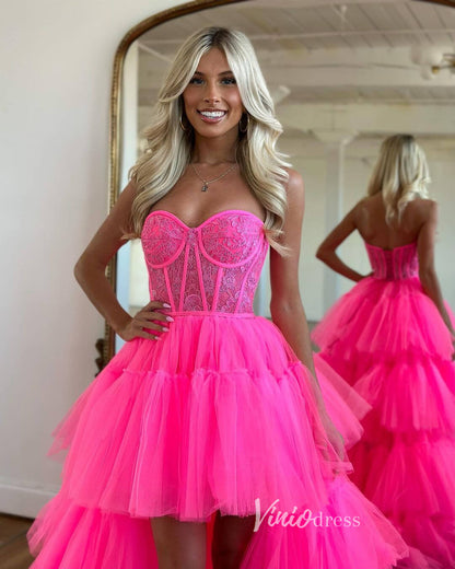 Hot Pink Ruffle High-Low Prom Dresses Lace Applique Strapless Formal Dress FD3530-prom dresses 2025 -Viniodress-Hot Pink-Custom Size-