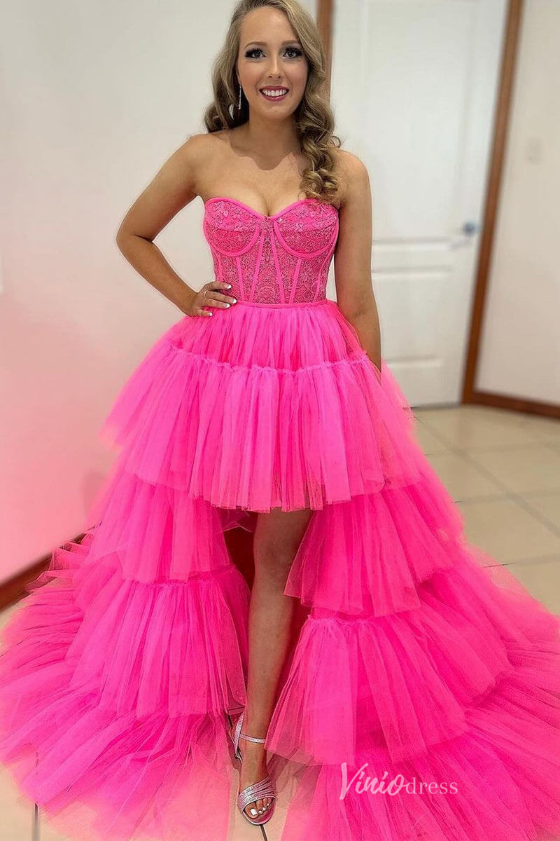 Hot Pink Ruffle High-Low Prom Dresses Lace Applique Strapless Formal Dress FD3530-prom dresses 2025 -Viniodress-Hot Pink-Custom Size-