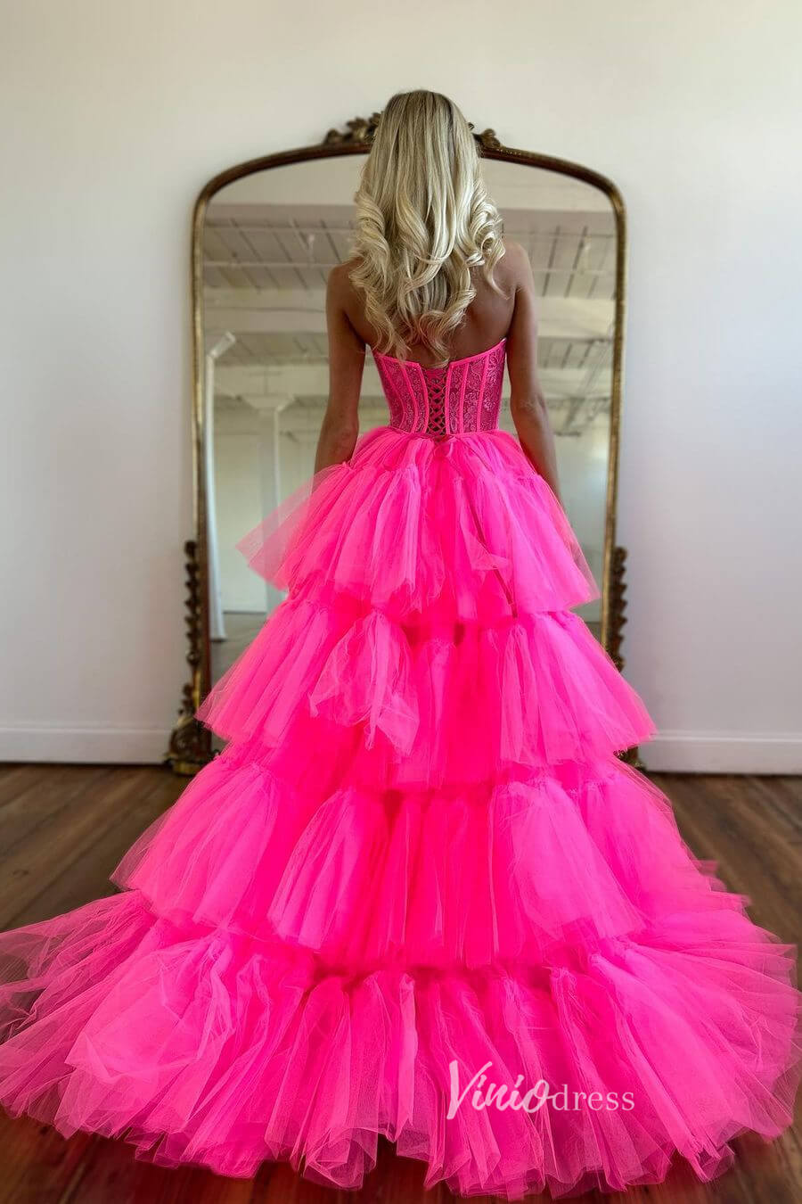 Prom Dress 2025 Hot Pink Ruffle High-Low Prom Dresses Lace Applique Strapless Formal Dress FD3530-unique prom dresses-Hot Pink-Custom Size-Viniodress