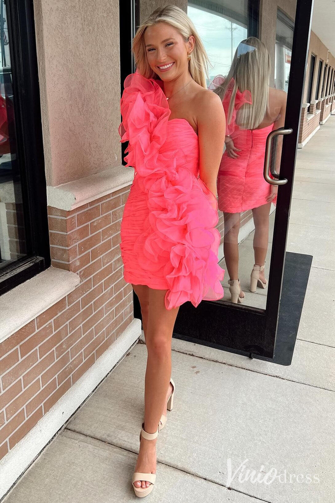 Hot Pink Ruffle One Shoulder Homecoming Dresses Ruched Bodycon Dress SD1654-Homecoming Dresses 2025 -Viniodress-Hot Pink-Custom Size-