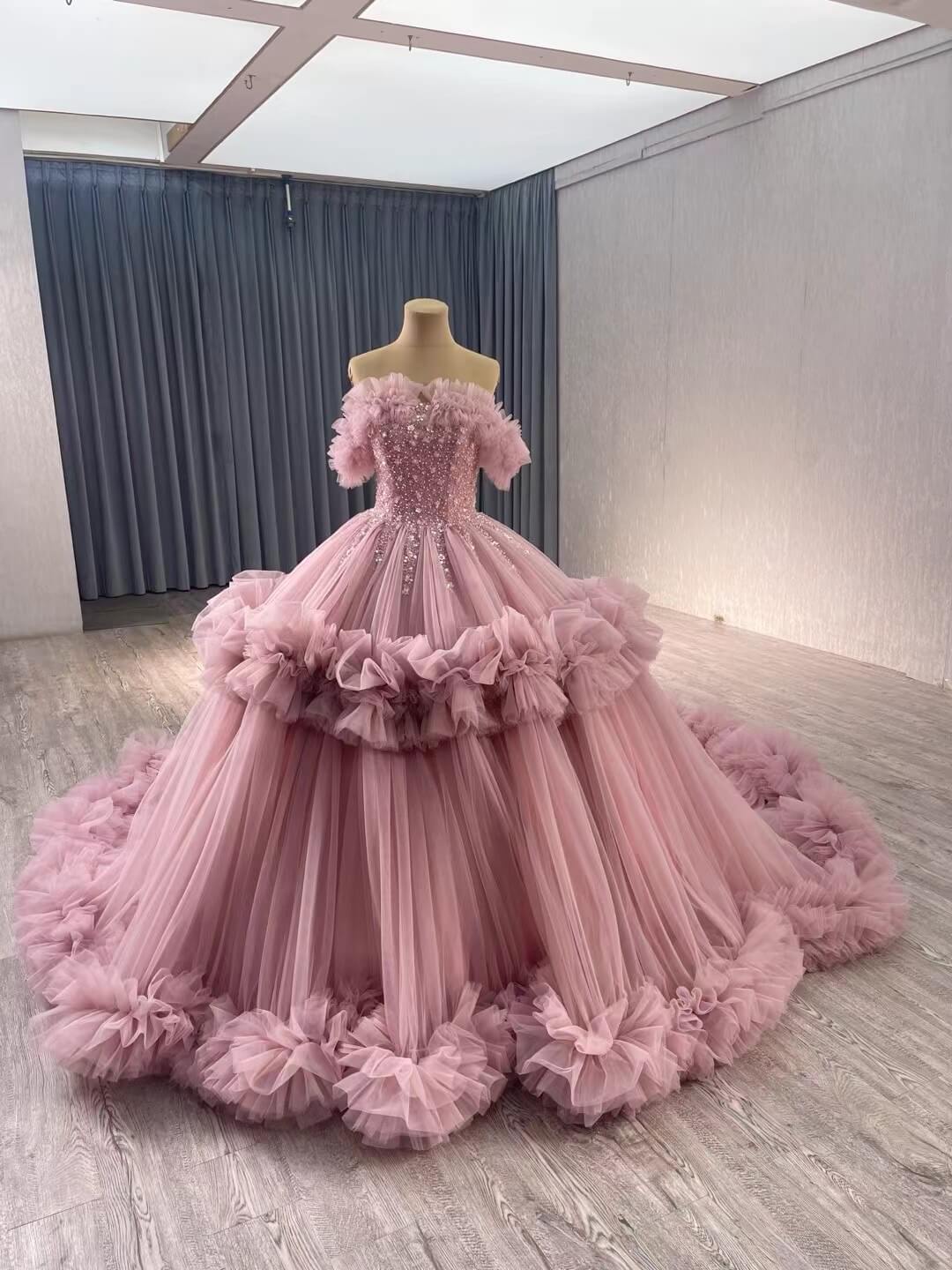 Hot Pink Ruffle Wedding Dresses Tulel Ball Gown Off the Shoulder Quinceanera Dress 241098-Quinceanera Dresses 2025 -Viniodress-Dusty Rose-Custom Size-