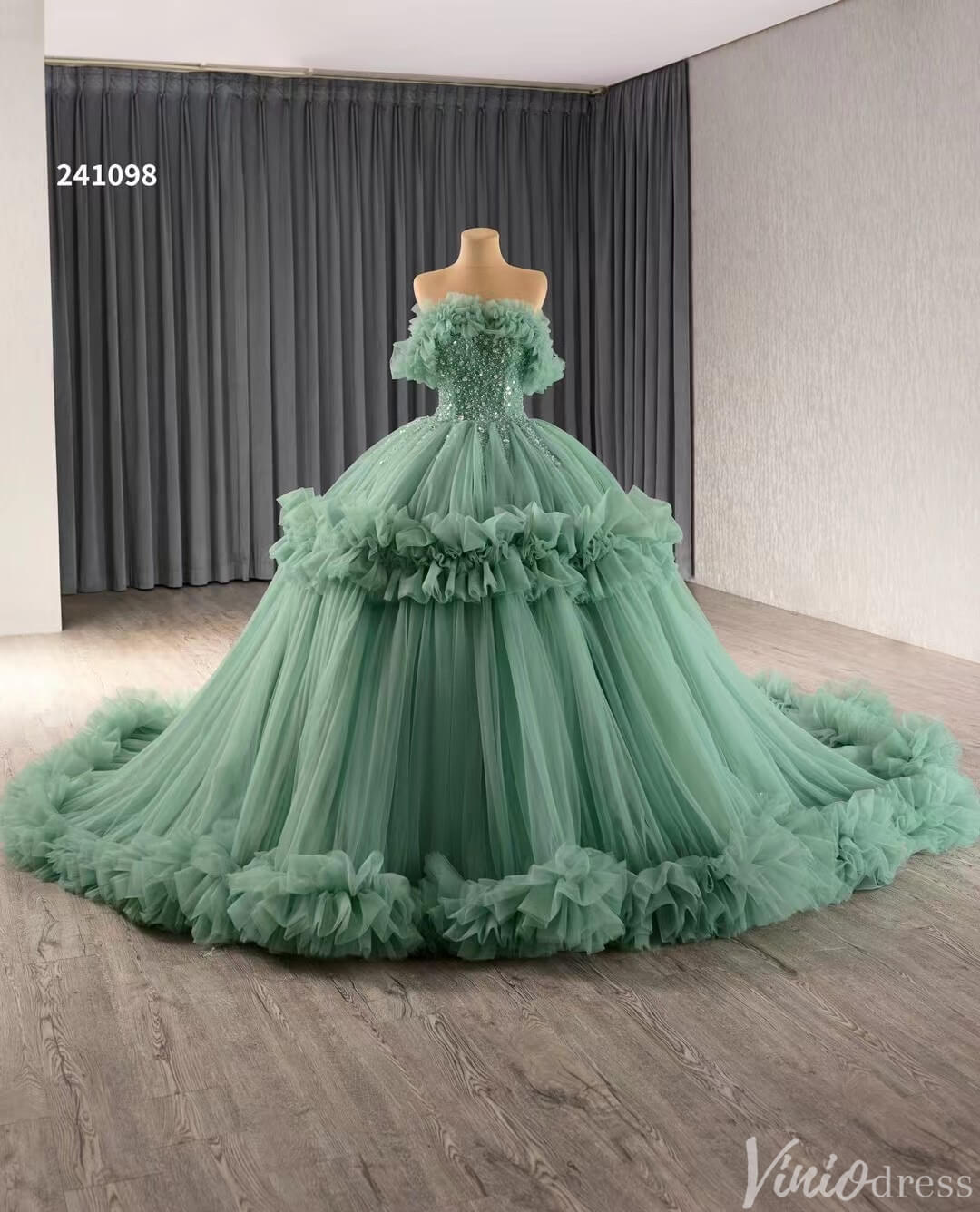 Hot Pink Ruffle Wedding Dresses Tulel Ball Gown Off the Shoulder Quinceanera Dress 241098-Quinceanera Dresses 2025 -Viniodress-Green-Custom Size-