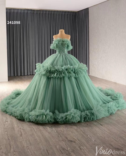 Hot Pink Ruffle Wedding Dresses Tulel Ball Gown Off the Shoulder Quinceanera Dress 241098-Quinceanera Dresses 2025 -Viniodress-Green-Custom Size-