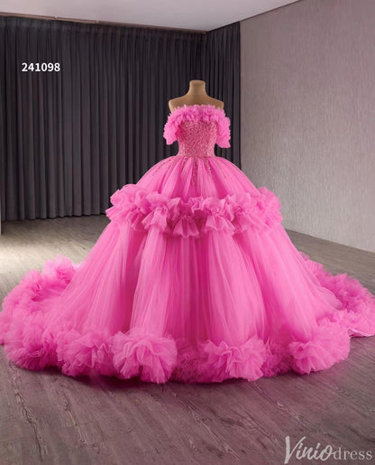 Hot Pink Ruffle Wedding Dresses Tulel Ball Gown Off the Shoulder Quinceanera Dress 241098-Quinceanera Dresses 2025 -Viniodress-Hot Pink-Custom Size-