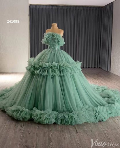 Hot Pink Ruffle Wedding Dresses Tulel Ball Gown Off the Shoulder Quinceanera Dress 241098-Quinceanera Dresses 2025 -Viniodress-Hot Pink-Custom Size-