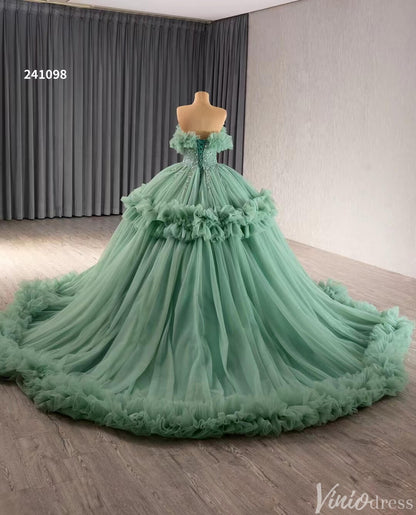 Hot Pink Ruffle Wedding Dresses Tulel Ball Gown Off the Shoulder Quinceanera Dress 241098-Quinceanera Dresses 2025 -Viniodress-Hot Pink-Custom Size-