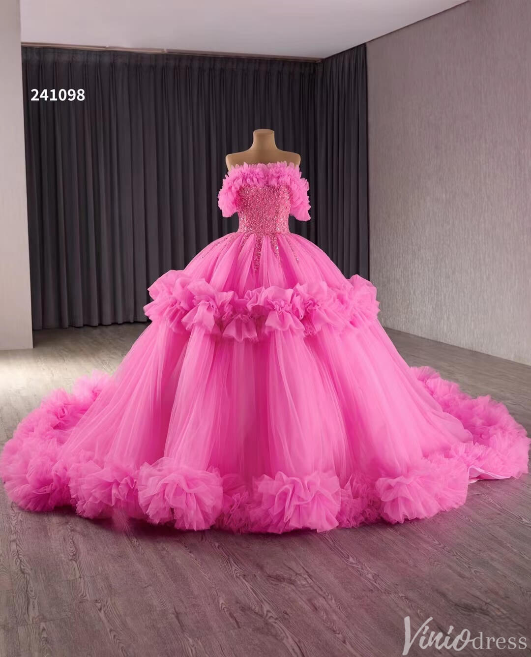 Hot Pink Ruffle Wedding Dresses Tulel Ball Gown Off the Shoulder Quinceanera Dress 241098-Quinceanera Dresses 2025 -Viniodress-Hot Pink-Custom Size-