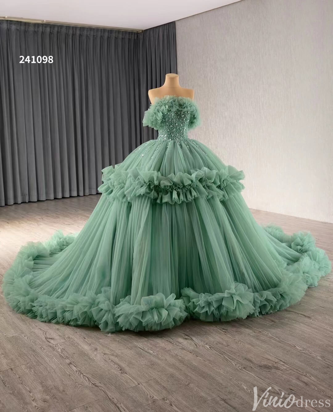 Hot Pink Ruffle Wedding Dresses Tulel Ball Gown Off the Shoulder Quinceanera Dress 241098-Quinceanera Dresses 2025 -Viniodress-Hot Pink-Custom Size-