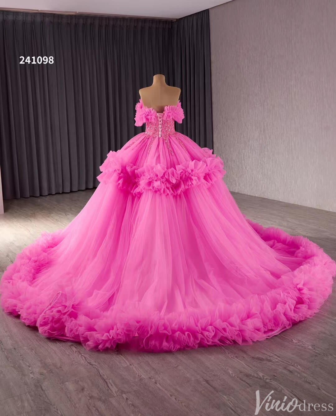 Hot Pink Ruffle Wedding Dresses Tulel Ball Gown Off the Shoulder Quinceanera Dress 241098 - ViniodressQuinceanera DressesHot PinkCustom Size - Formal Dresses - Ball Gowns