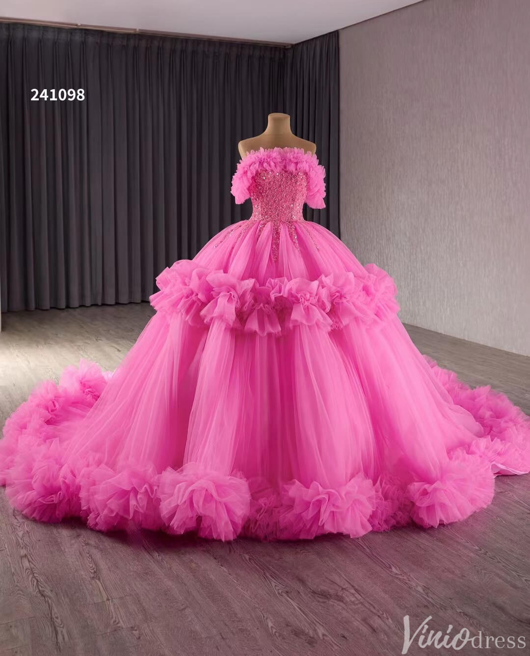 Hot Pink Ruffle Wedding Dresses Tulel Ball Gown Off the Shoulder Quinceanera Dress 241098-Quinceanera Dresses-Viniodress-Viniodress