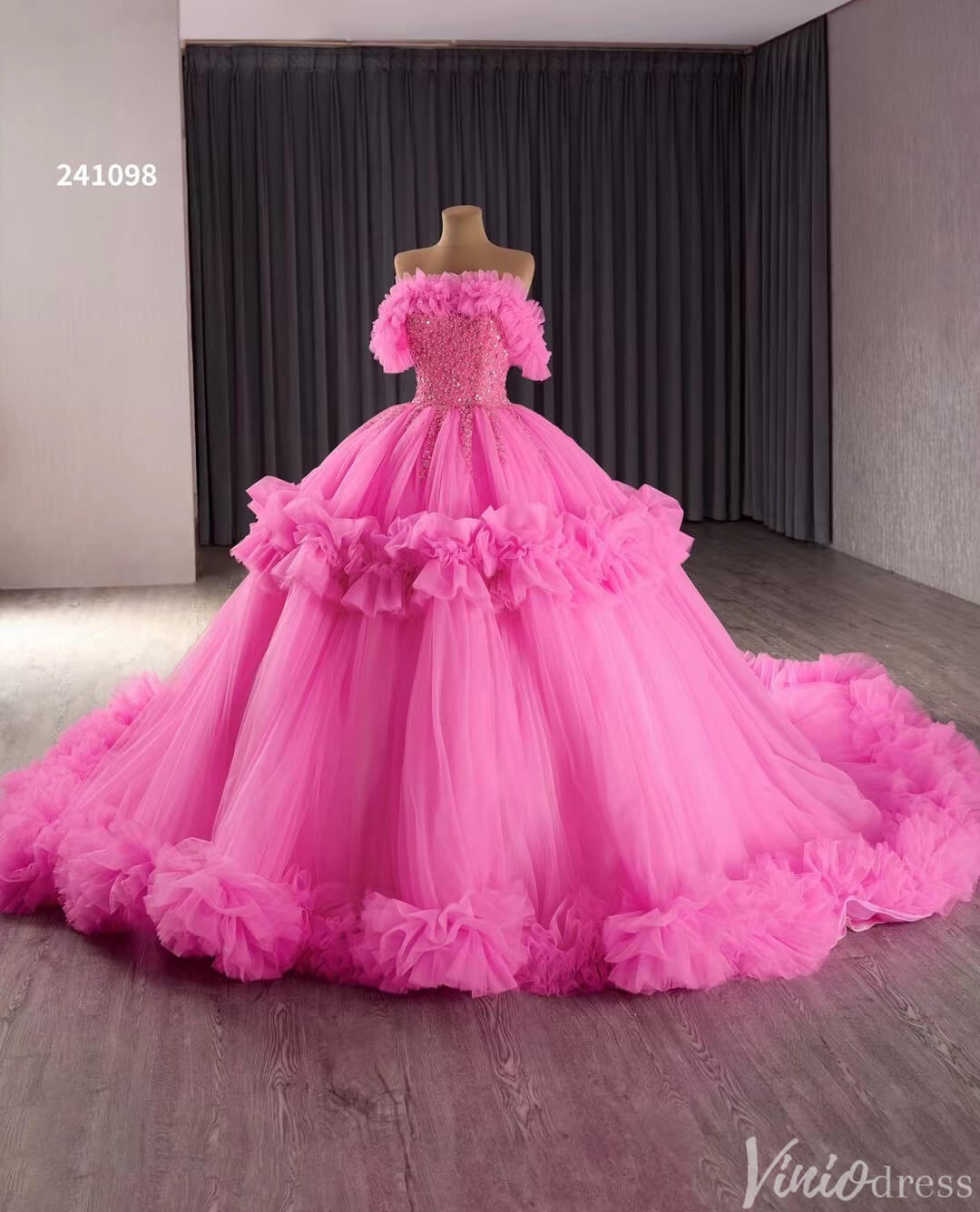 Hot Pink Ruffle Wedding Dresses Tulel Ball Gown Off the Shoulder Quinceanera Dress 241098-Quinceanera Dresses-Viniodress-Viniodress