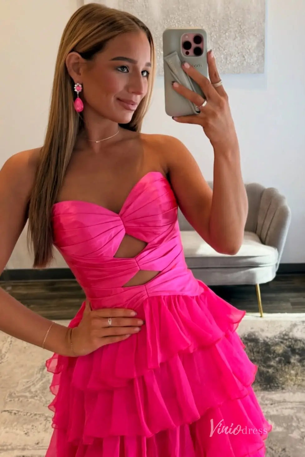 Hot Pink Ruffled Prom Dress with Strapless Sweetheart Cut Out Bodice & High Slit RF321-Prom Dresses 2026-Viniodress-Hot Pink-Custom Size-
