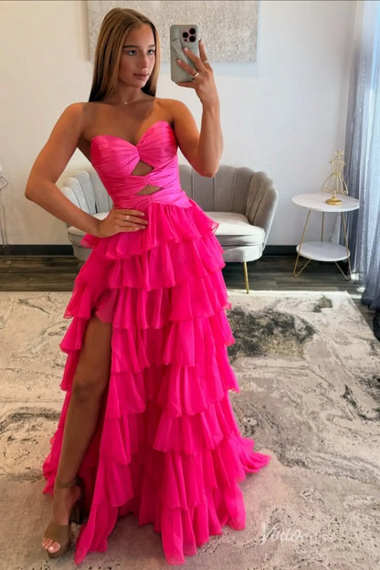 Hot Pink Ruffled Prom Dress with Strapless Sweetheart Cut Out Bodice & High Slit RF321-Prom Dresses 2026-Viniodress-Hot Pink-Custom Size-