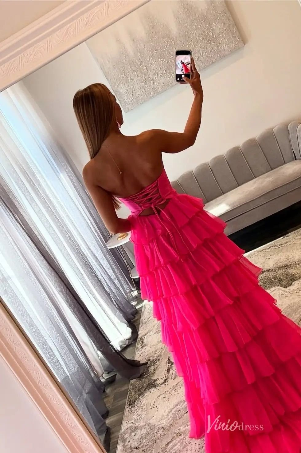 Hot Pink Ruffled Prom Dress with Strapless Sweetheart Cut Out Bodice & High Slit RF321-Prom Dresses 2026-Viniodress-Hot Pink-Custom Size-