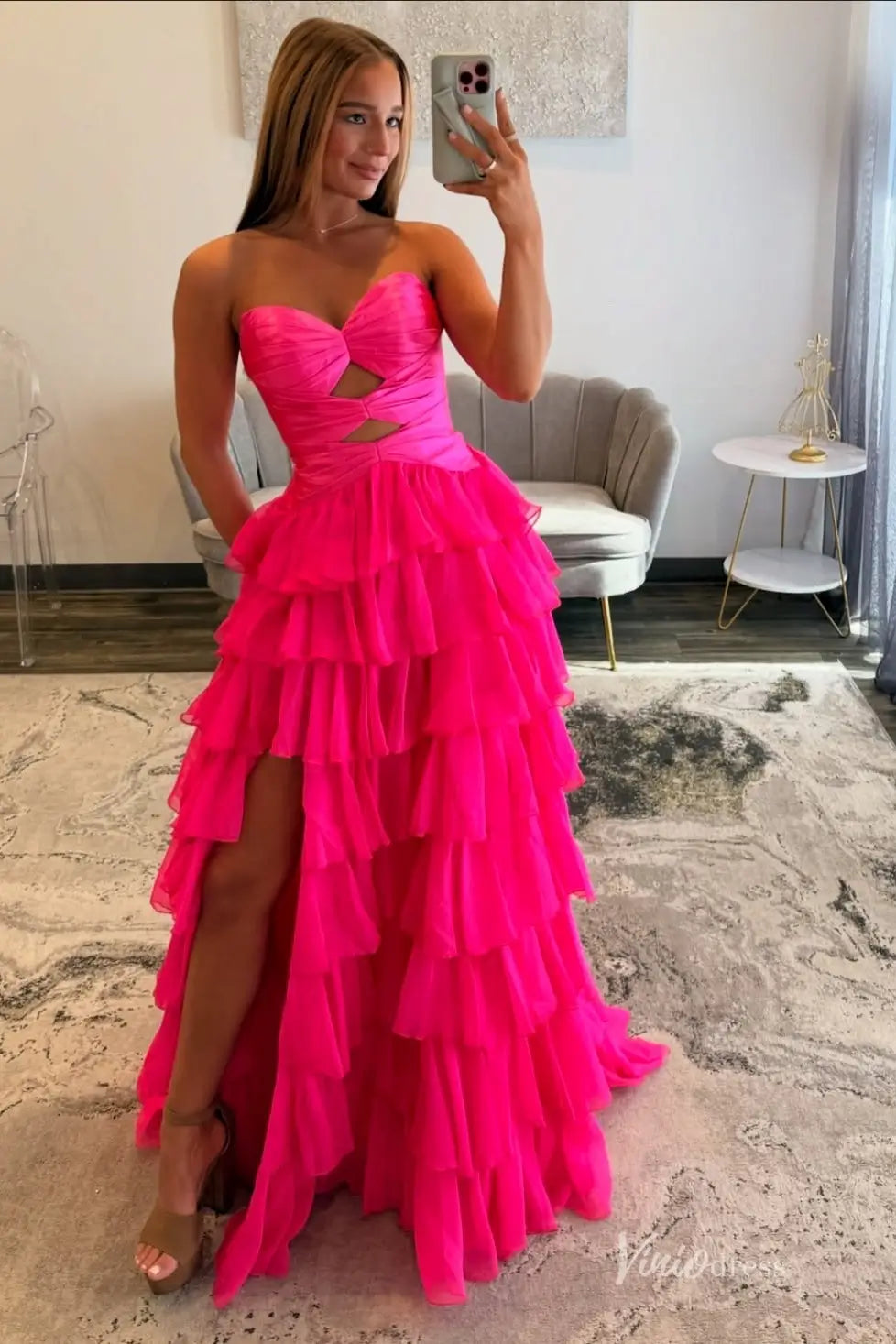Hot Pink Ruffled Prom Dress with Strapless Sweetheart Cut Out Bodice & Viniodress Hot Pink Ruffled Prom Dress with Strapless Sweetheart Cut Out Bodice & Viniodress