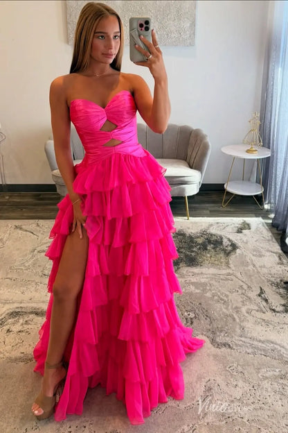 Hot Pink Ruffled Prom Dress with Strapless Sweetheart Cut Out Bodice & High Slit RF321-Prom Dresses 2026-Viniodress-Hot Pink-Custom Size-