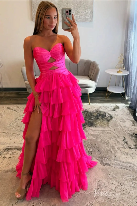 Hot Pink Ruffled Prom Dress with Strapless Sweetheart Cut Out Bodice & High Slit RF321-Prom Dresses 2026-Viniodress-Hot Pink-Custom Size-