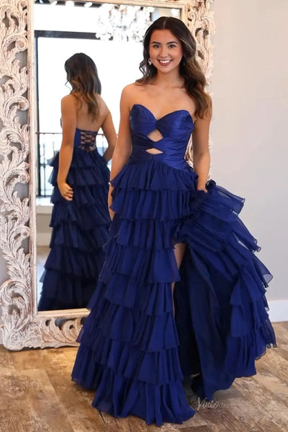 Hot Pink Ruffled Prom Dress with Strapless Sweetheart Cut Out Bodice & High Slit RF321-Prom Dresses 2026-Viniodress-Navy-Custom Size – Add Measurements in Cart-