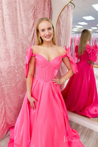 Hot Pink Satin Ball Gown with Oversized Bow Sleeves, Corset Bodice and Sweetheart Neckline – AS019-prom dresses 2025 -Viniodress-Hot Pink-Custom Size-