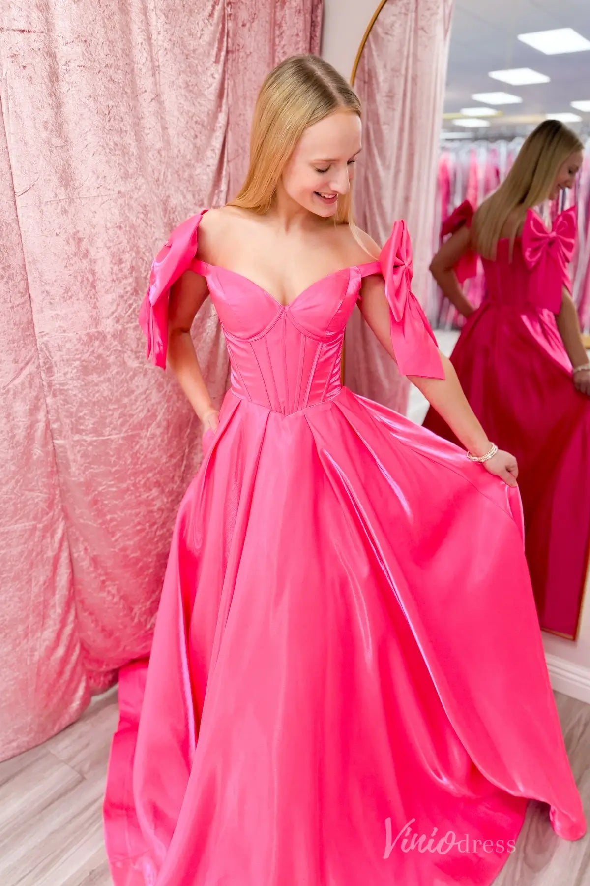 Hot Pink Satin Ball Gown with Oversized Bow Sleeves, Corset Bodice and Sweetheart Neckline – AS019-prom dresses 2025 -Viniodress-Hot Pink-Custom Size-