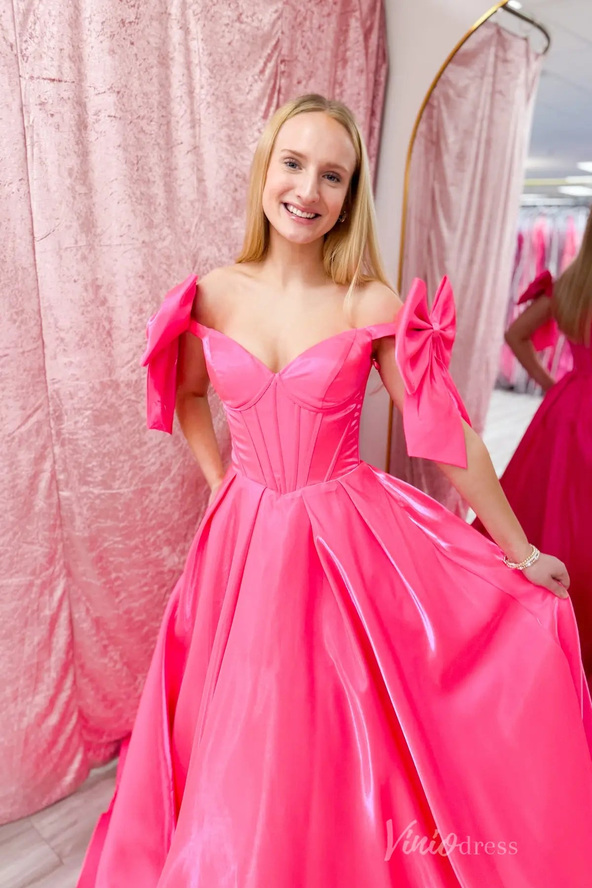 Hot Pink Satin Ball Gown with Oversized Bow Sleeves, Corset Bodice and Sweetheart Neckline – AS019-prom dresses 2025 -Viniodress-Hot Pink-Custom Size-