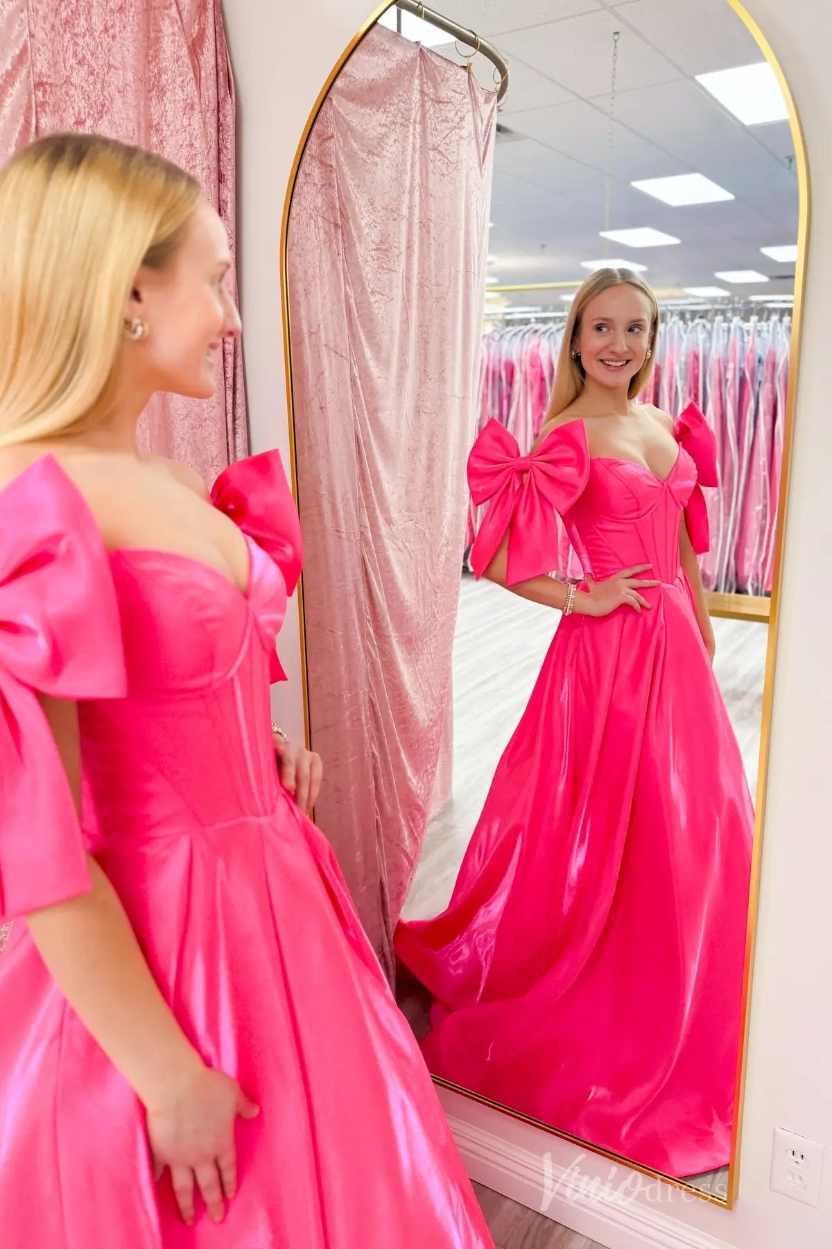Hot Pink Satin Ball Gown with Oversized Bow Sleeves, Corset Bodice and Sweetheart Neckline – AS019-prom dresses 2025 -Viniodress-Hot Pink-Custom Size-