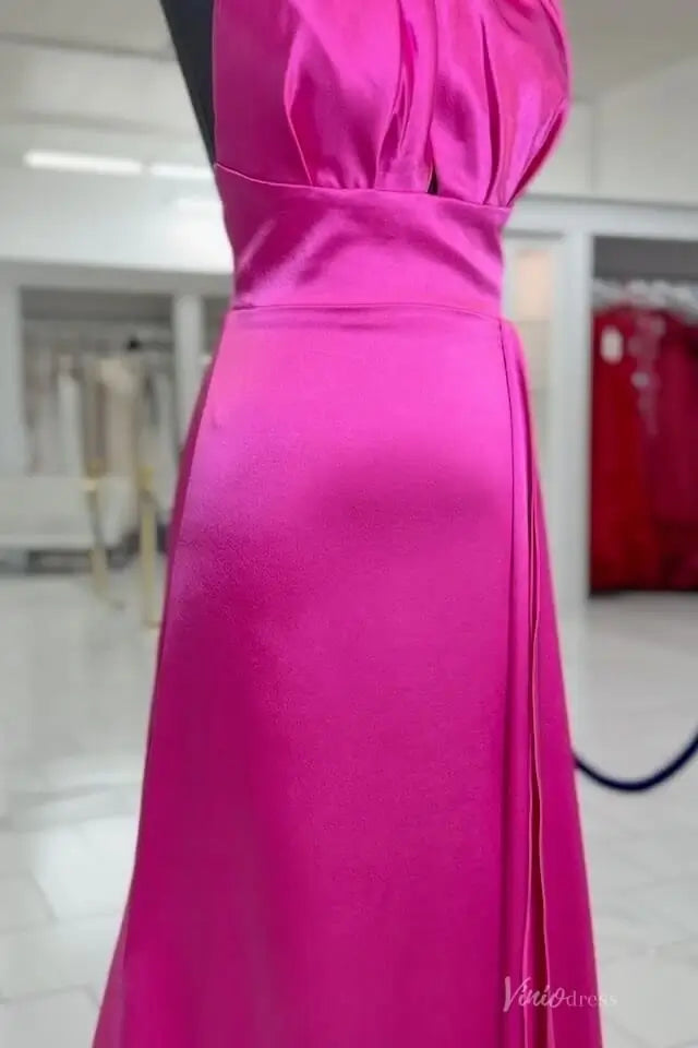 Hot Pink Satin Halter Prom Dress with Draped Bodice, Open Back & Sweep Train – SS167-prom dresses 2026-Viniodress-Hot Pink-Custom Size-